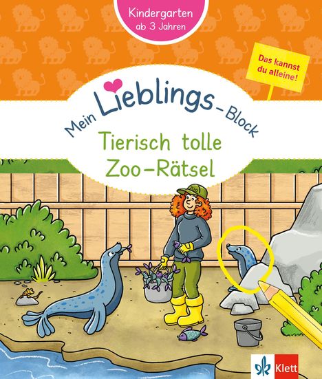 „Kindergarten ab 3 Jahren“, „Mein Lieblings-Block“, „Tierisch tolle Zoo-Rätsel“. Illustration: Frau füttert zwei Robben.