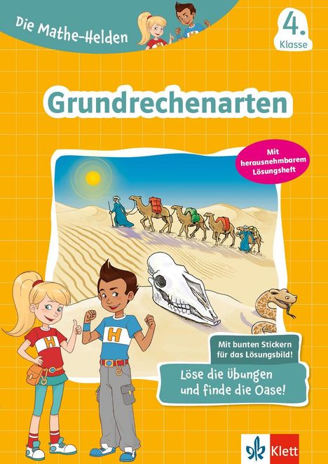 "Grundrechenarten", "Löse die Übungen und finde die Oase!" Zwei Kinder in der Wüste, Kamelkarawane, Totenschädel, Schlange.