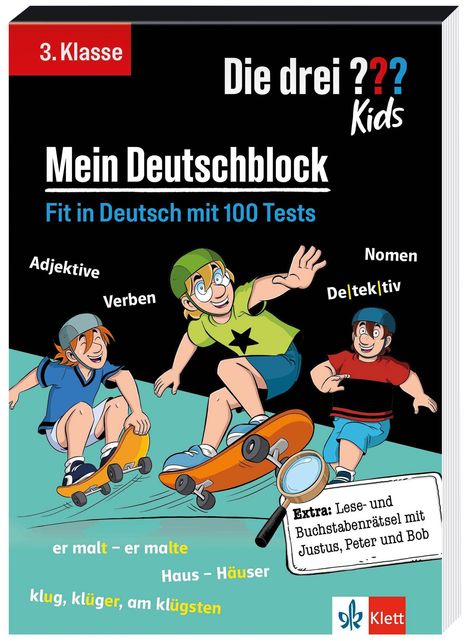 Buchcover mit Texten: „3. Klasse“, „Die drei ??? Kids“, „Mein Deutschblock“, „Fit in Deutsch mit 100 Tests“. Illustration: Drei Kinder auf Skateboards.