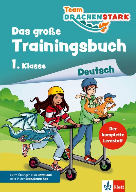 "Das große Trainingsbuch 1. Klasse Deutsch." Zwei Kinder mit Helmen fahren Roller mit Drachen in einer grünen Landschaft.
