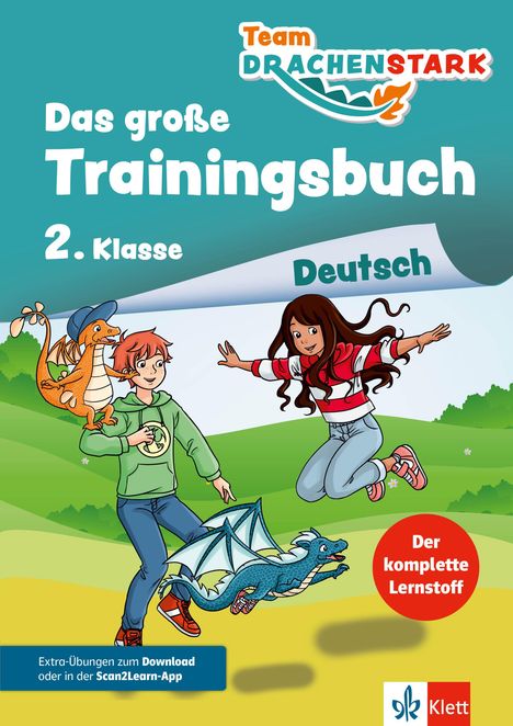 Titel: "Team Drachenstark: Das große Trainingsbuch 2. Klasse Deutsch". Zwei Kinder mit Drachen, hüpfend auf Wiese.