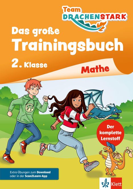 Logo "Team Drachenstark", Titel "Das große Trainingsbuch", Text "2. Klasse", "Mathe". Zwei Kinder laufen mit Drachen.
