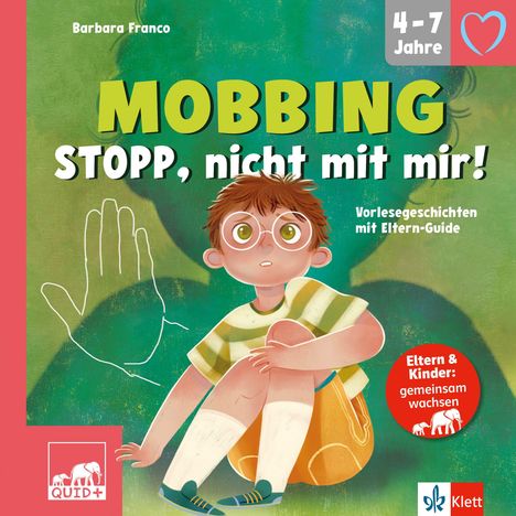 „MOBBING STOPP, nicht mit mir!“, Vorlesegeschichten mit Eltern-Guide. Illustration: Kind, große Hand im Hintergrund.