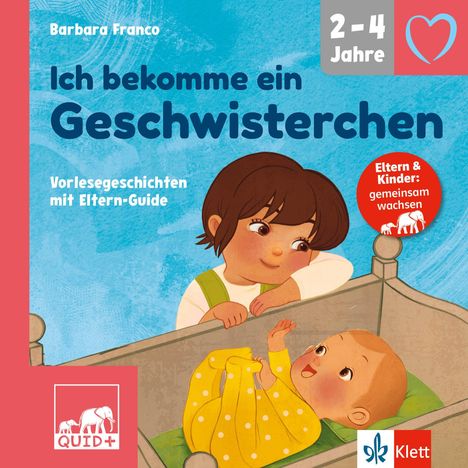 Titel: "Ich bekomme ein Geschwisterchen." Illustration: Kind schaut liebevoll in ein Babybett.