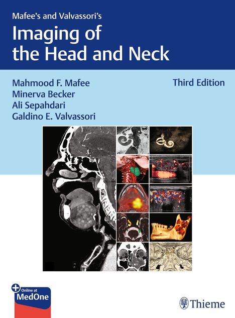 Titel: "Mafee’s and Valvassori’s Imaging of the Head and Neck." Autoren: Mahmood F. Mafee, Minerva Becker, Ali Sepahdari, Galdino E. Valvassori. Verschiedene medizinische Bildgebungsszenen von Kopf und Hals sind dargestellt.