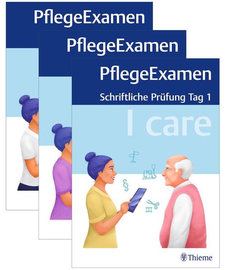 "PflegeExamen. Schriftliche Prüfung Tag 1. I care." Illustration: Pflegerin mit Tablet spricht mit älterem Mann.