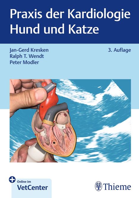 "Praxis der Kardiologie Hund und Katze", Autoren auf blauem Hintergrund; Modell eines Herzens in einer Hand.
