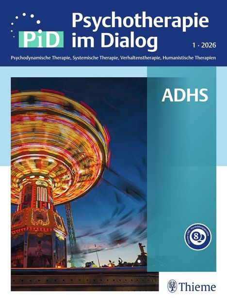 "Psychotherapie im Dialog", "ADHS". Ein hell erleuchtetes Karussell vor einem dunkelblauen Himmel.