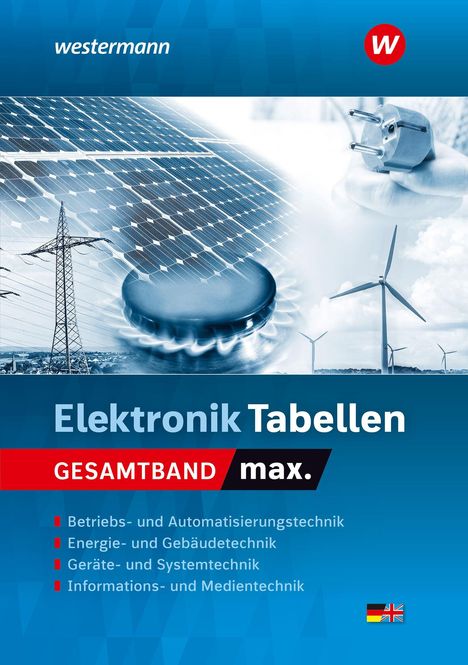 "Elektronik Tabellen Gesamtband max." mit Themen wie Automatisierungstechnik. Solarzellen, Strommast, Windräder dargestellt.