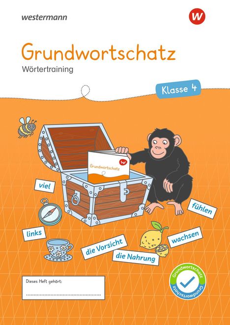 Text: "Grundwortschatz Wörtertraining Klasse 4." Illustration: Ein Affe hält eine Kiste voller Wörter und Symbole.