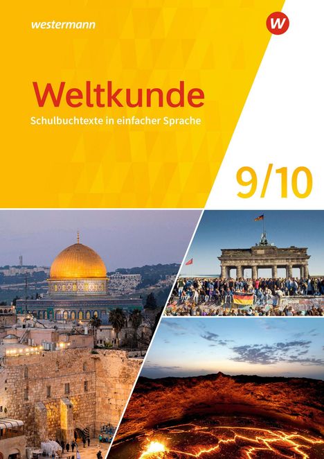 "Weltkunde. Schulbuchtexte in einfacher Sprache. 9/10". Oben links eine Kuppel, rechts ein Tor, unten Lava.