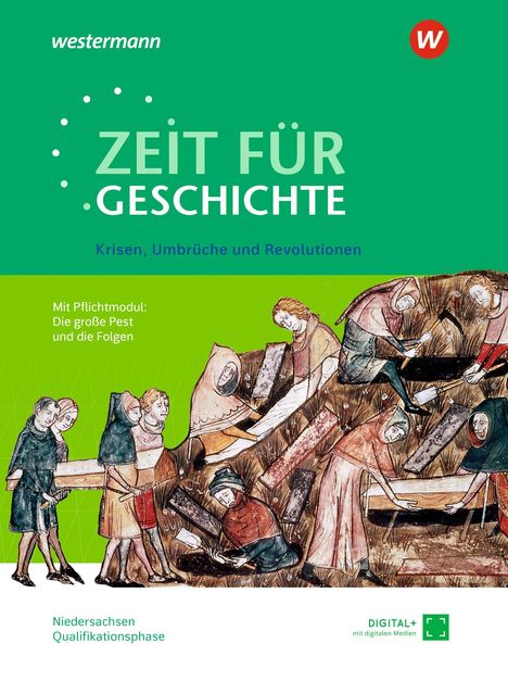 „Zeit für Geschichte: Krisen, Umbrüche und Revolutionen. Mit Pflichtmodul: Die große Pest und die Folgen.“ Illustration von mittelalterlichen Figuren bei der Arbeit.