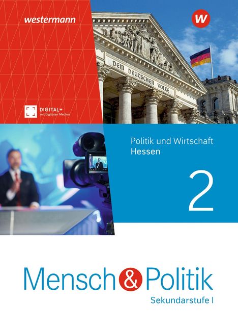"Politik und Wirtschaft Hessen 2" und "Mensch & Politik Sekundarstufe I". Moderne Architektur und Filmkamera.