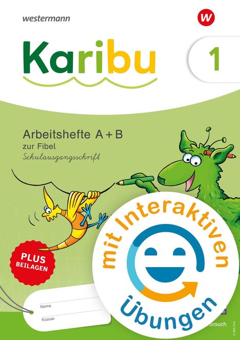 "Karibu 1", "Arbeitshefte A + B", "mit interaktiven Übungen". Bunte Illustration eines grünen Tieres und eines gelben Vogels.