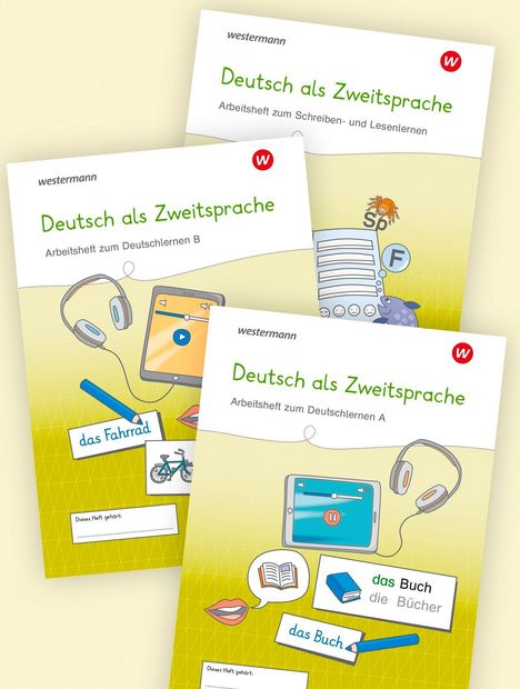 **Deutsch als Zweitsprache** - drei Arbeitshefte für Deutschlernen. Gelb-grüner Hintergrund mit Illustrationen von Tablets und Sprachelementen.