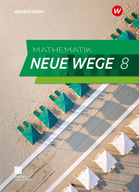 "MATHEMATIK NEUE WEGE 8" Text auf grünem Banner, Westermann-Logo, Strand mit grünen und weißen Sonnenschirmen von oben.