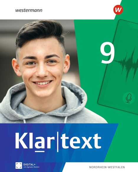 „Klar|text 9“ steht vor einem lächelnden Jungen mit kurzem, dunklem Haar. Logo „w“ und „westermann“.