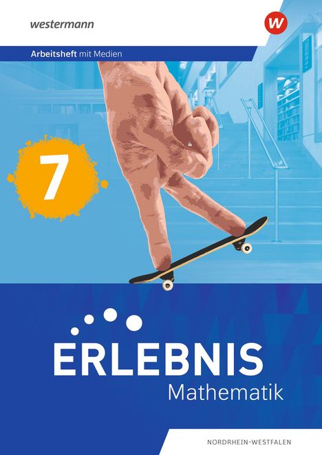 "Erlebnis Mathematik", "Arbeitspaket mit Medien", "7", "Nordrhein-Westfalen". Illustration: Finger fahren Skateboard.