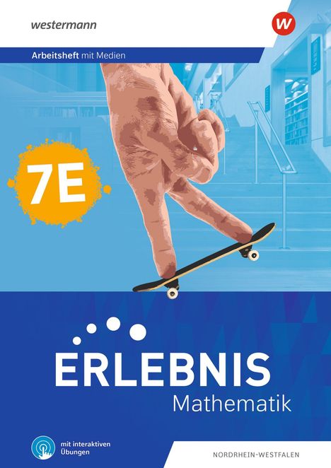 "7E Erlebnis Mathematik" und "Arbeitheft mit Medien". Illustration: Finger skaten mit Mini-Skateboard an Treppe.