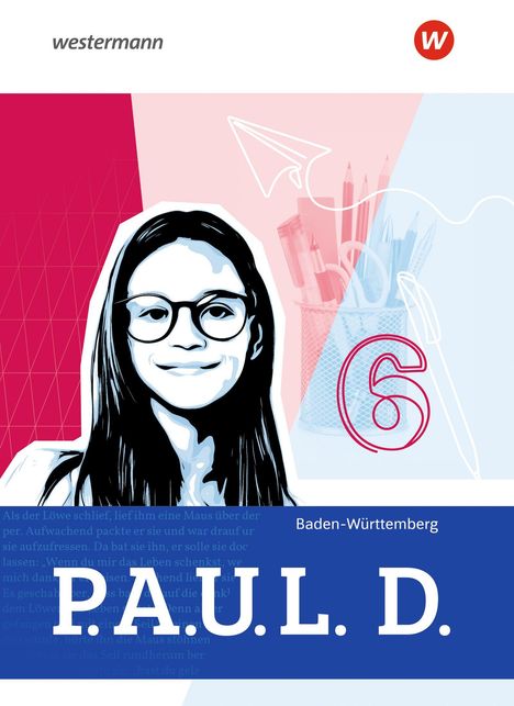 "P.A.U.L. D. Baden-Württemberg 6. Illustration eines Mädchens mit Brille, geometrischer Hintergrund in Rot und Blau."