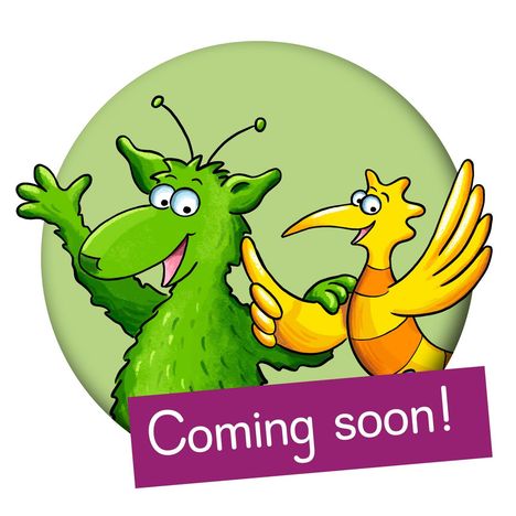 "Coming soon!" in einem lila Streifen; Illustration mit grünem Monster und gelbem Vogel auf grünem Hintergrund.