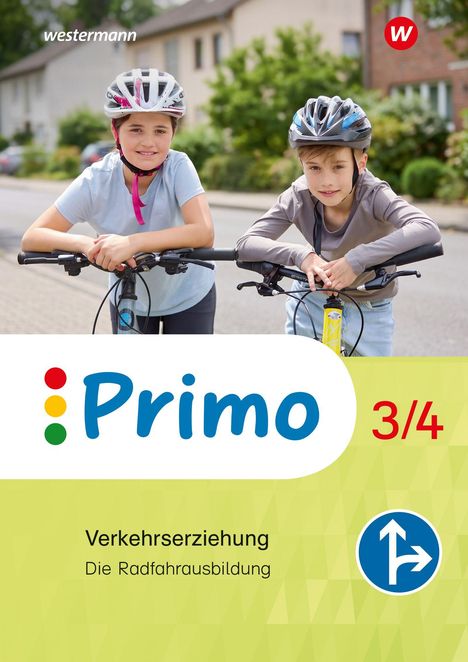 "Primo 3/4 Verkehrserziehung Die Radfahrausbildung" mit zwei Kindern auf Fahrrädern und Helmen im Hintergrund.