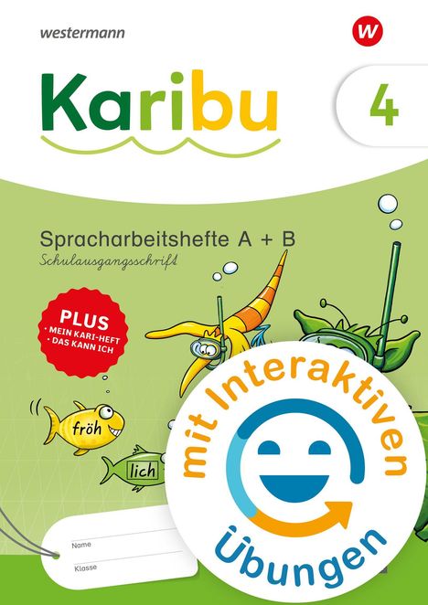 „Karibu 4“, „Spracharbeitshefte A + B“, „mit interaktiven Übungen“, Illustrationen von lustigen Meeresbewohnern.
