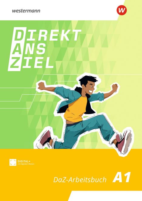 Text: "DIREKT ANS ZIEL", "DaZ-Arbeitsbuch A1". Illustration: Junge, der freudig springt vor grünem, geometrischem Hintergrund.