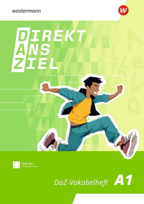 „Direkt ans Ziel, DaZ-Vokabelheft A1.“ Grüne Illustration mit fröhlicher Person im Sprung.
