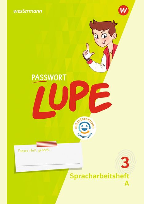 „Passwort Lupe“, „mit interaktiven Übungen“. Ein Junge zeigt ein „L“ mit der Hand. Cover von Spracharbeitsheft.