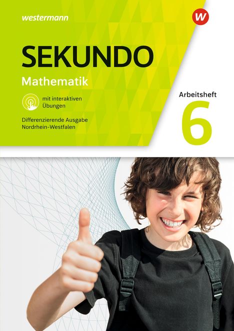 „SEKUNDO Mathematik, Arbeitsheft 6“, Junge gibt Daumen hoch, grafischer Hintergrund, Logo oben rechts.
