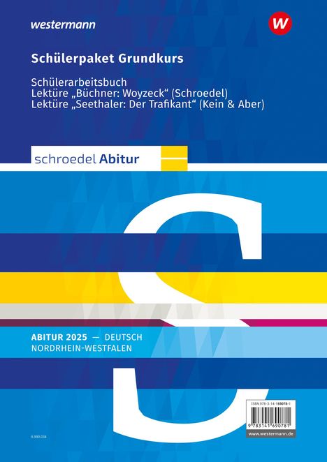 Text "Schülerpaket Grundkurs", "schroedel Abitur", "ABITUR 2025 - DEUTSCH NORDRHEIN-WESTFALEN". Bunte geometrische Gestaltung.
