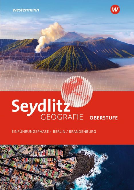 "Seydlitz Geografie Oberstufe: Einführungsphase Berlin/Brandenburg" mit Vulkanlandschaft und Küstenluftaufnahme.