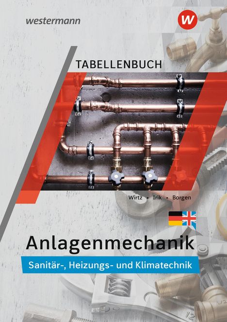 Cover eines Tabellenbuchs für Anlagenmechanik mit Kupferrohren und Werkzeugen.