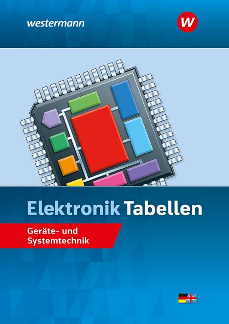 "Elektronik Tabellen. Geräte- und Systemtechnik." Illustration eines bunten Computerchips auf blauem Hintergrund.