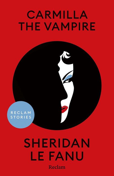 CARMILLA THE VAMPIRE in Schwarz auf Rot, Illustration eines Gesichts teils im Schatten, markante rote Lippen.