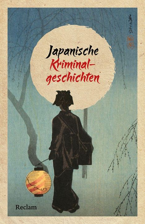 „Japanische Kriminalgeschichten“, Illustration einer Frau mit Laterne, blauem Hintergrund und filigranen Ästen.