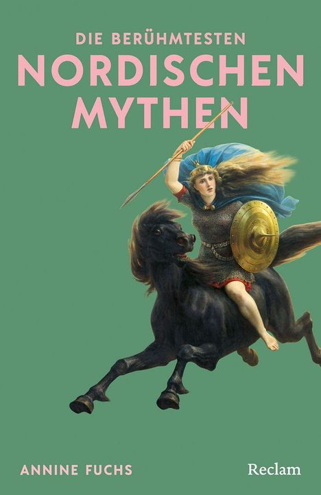 Titel: "Die berühmtesten nordischen Mythen". Eine Illustration zeigt eine Kriegerin auf einem schwarzen Pferd mit Speer und Schild.