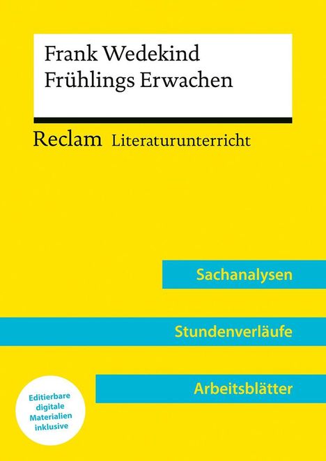 „Frank Wedekind Frühlings Erwachen“, „Reclam Literaturunterricht“, „Sachanalysen“, „Stundenverläufe“, „Arbeitsblätter“.