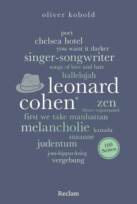 Titel: "oliver kobold", Wörter: "poet", "chelsea hotel", "singer-songwriter", "hallelujah", "leonard cohen", mit Illustration eines Huts.