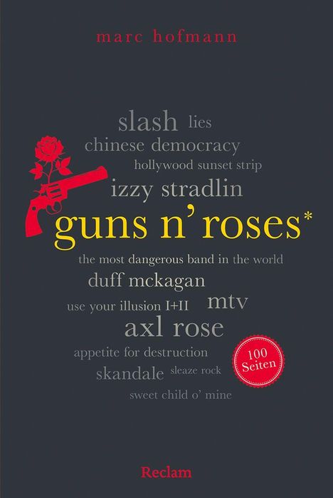 Ein dunkles Design mit Texten wie "guns n’ roses*", "marc hofmann", "100 Seiten", begleitet von einer roten Pistole mit Rose.
