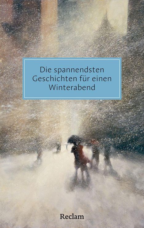 Text: "Die spannendsten Geschichten für einen Winterabend." Verschwommene Winterlandschaft mit Personen im Schnee.