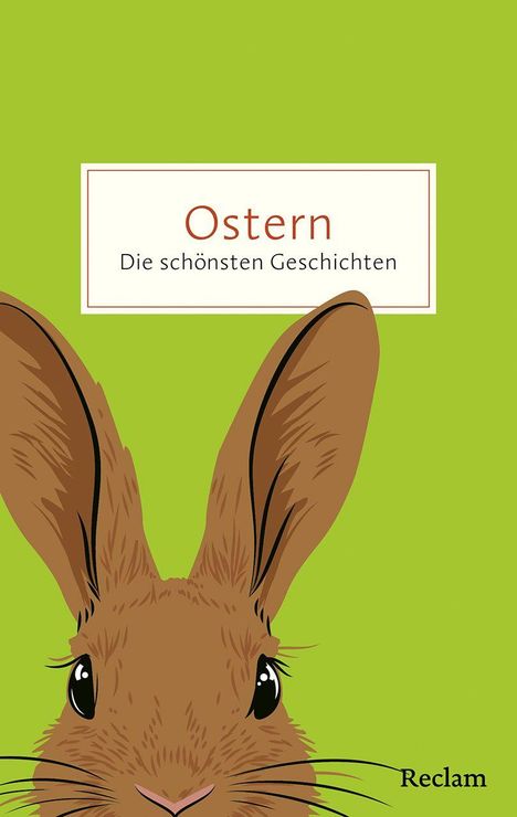 Text: "Ostern: Die schönsten Geschichten". Illustration: Ein Hasenkopf mit großen Ohren auf grünem Hintergrund.