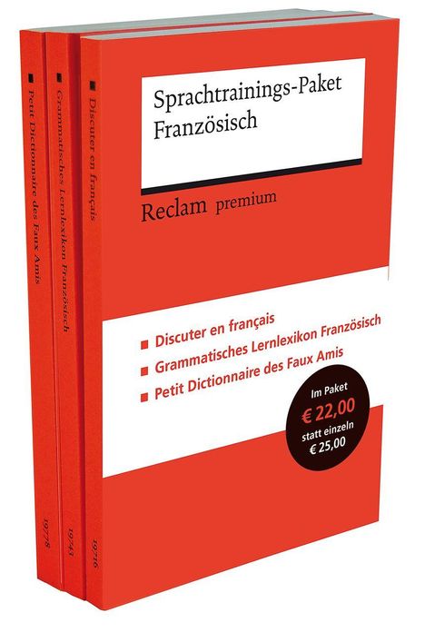 Sprachtrainings-Paket Französisch von Reclam: Drei orangefarbene Bücher, Preis im Paket €22 statt €25.