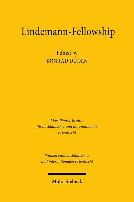 "Lindemann-Fellowship", herausgegeben von KONRAD DUDEN. Gelber Hintergrund, akademischer Stil.
