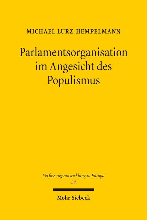 Parlamentsorganisation im Angesicht des Populismus. Gelber Hintergrund, schwarzer Text. Autor: Michael Lurz-Hempelmann.