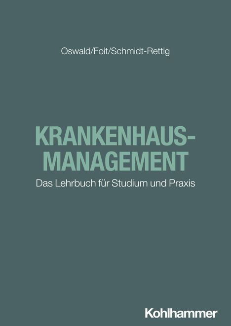 "KRANKENHAUS-MANAGEMENT" groß in der Mitte, darunter "Das Lehrbuch für Studium und Praxis"; grüner Hintergrund.