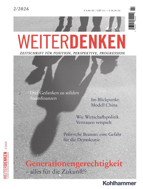 „WEITERDENKEN“, Schattensilhouetten von Menschen, diverse Themen zur Wirtschaft und Politik, Kohlhammer.