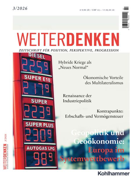 „Geopolitik und Geoökonomie: Europa im Systemwettbewerb“. Eine Preisanzeige für Kraftstoffe ist abgebildet.