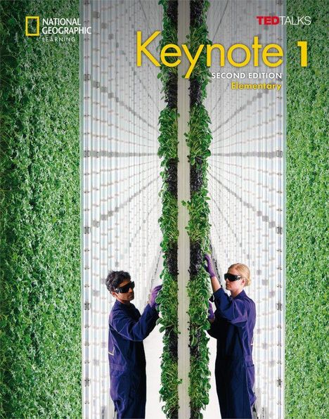 „Keynote 1 Second Edition Elementary“; zwei Personen in Schutzanzügen zwischen vertikalen Pflanzenreihen.